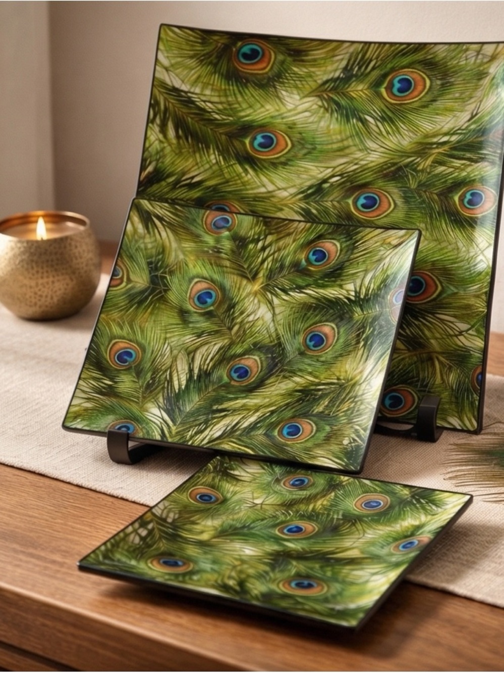 Peacock Feather Glass Serving Plates - Green